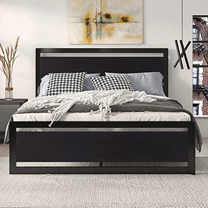 Heavy Duty Full Size Bed Frame with Modern Headboard, Black, view 2