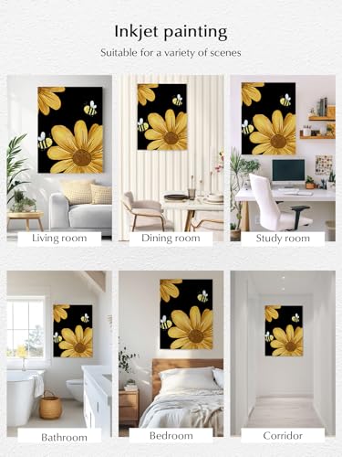 NuYeBiofx Yellow Daisy Flower Bee on Black Canvas Wall Art Prints,48"x32" Framed Picture Artwork Rustic Farmhouse Floral Printed Canvas Oil Painting for Living Room Bedroom Office,Ready to Hang
