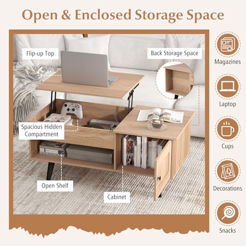Lift Top Coffee Table with Storage, Living Room Table with Hidden Compartment, Cabinet & Open Shelf, Flip Top Center Table, Pull up Coffee Table for Home, Office (Natural)