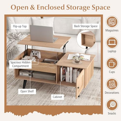 Lift Top Coffee Table with Storage, Living Room Table with Hidden Compartment, Cabinet & Open Shelf, Flip Top Center Table, Pull up Coffee Table for Home, Office (Natural)