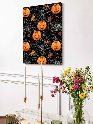 NuYeBiofx Halloween Scary Pumpkins Canvas Wall Art Prints,48"x32" Framed Picture Artwork Spiderwebs on Black Printed Canvas Oil Painting for Living Room Bedroom Office,Ready to Hang