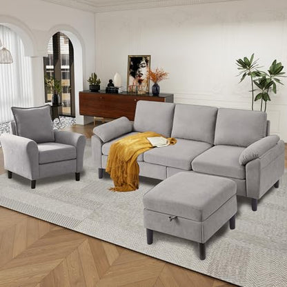 79" Convertible Sectional Sofa Set, Modern Linen Small L Shaped Couch with Reversible Ottoman and Accent Chair, 3-Seat Sofa Couches for Living Room, Office, Apartment, Light Grey