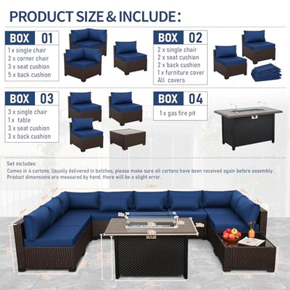 10 Pieces Wicker Patio Furniture Set with Patio Glass Table Outdoor Sectional Conversation Sofa Set with 43 inches Fire Pit Table and Non-Slip Cushione, Navy Blue