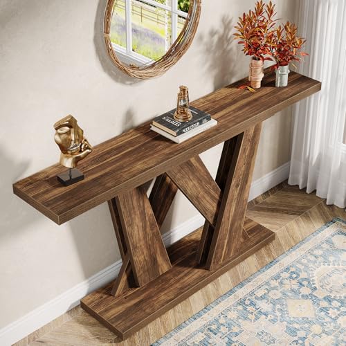 Tribesigns 55-Inch Farmhouse Console Table, Farmhouse Behind The Couch Table TV Stand with Geometric Base, Skinny Sofa Table Entryway Table for Entrance, Living Room, Hallway, Foyer, Rustic Brown
