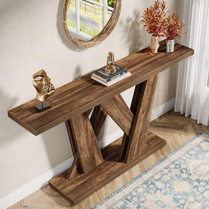 Tribesigns 55-Inch Farmhouse Console Table, Farmhouse Behind The Couch Table TV Stand with Geometric Base, Skinny Sofa Table Entryway Table for Entrance, Living Room, Hallway, Foyer, Rustic Brown