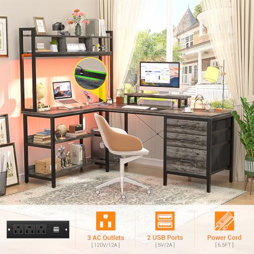 L Shaped Desk with Hutch, Gaming Desk with Led Lights, Reversible Computer Desk with Power Outlet, Corner Desk with File Drawer & Monitor Stand, Storage Shelves for Home Office, Black Oak