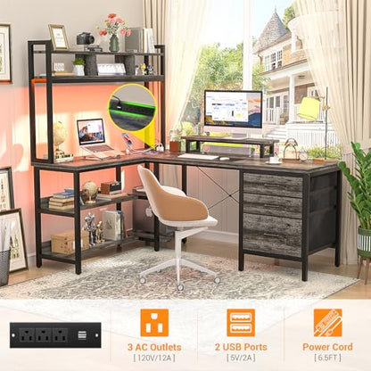 L Shaped Desk with Hutch, Gaming Desk with Led Lights, Reversible Computer Desk with Power Outlet, Corner Desk with File Drawer & Monitor Stand, Storage Shelves for Home Office, Black Oak