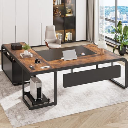61 Inch Executive Desk, Large Office Desk with File Drawer, L Shaped Desk with Drawers, Computer Desk with Mobile CPU Stand, Storage Shelves, Power Outlets for Home Office, Rustic Brown