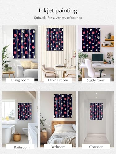 NuYeBiofx Japanese Cherry Blossoms Canvas Wall Art Prints,48"x32" Framed Picture Artwork Striped Blue Background Printed Canvas Oil Painting for Living Room Bedroom Office,Ready to Hang