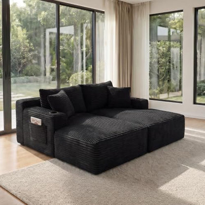 133" Oversized Cloud Boneless Sofa Couch with Chaise, Modern Corduroy U Shaped Modular Sectional Sofa with Deep Seat, Comfy Couch with Cupholders and Storage, No Assembly Required-Black