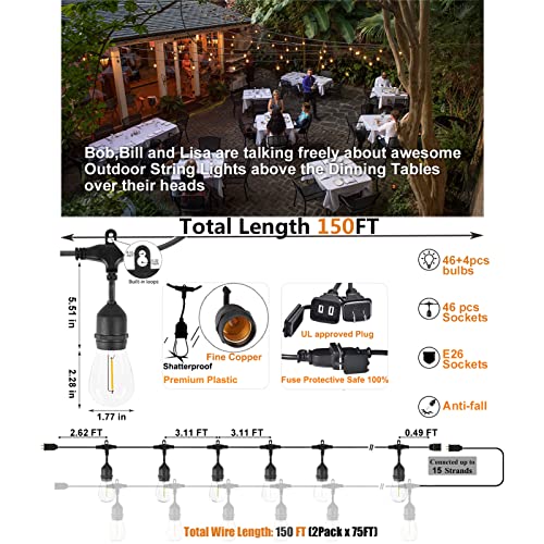 Outdoor String Lights 150 Feet LED Waterproof Patio Lights with 50 Shatterproof Dimmable Warm Edison Bulbs String Lights for Outdoor Gazebo Bistro Wedding Birthday Party Lights, Connectable