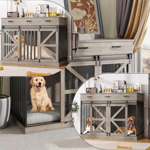 Spacesea Large Dog Crate Furniture with Sliding Barn Door, view 6