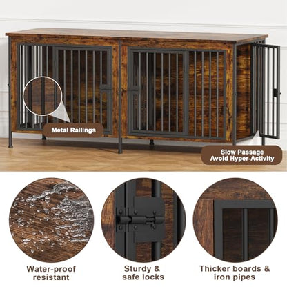 63" Dog Crate Furniture for 1 or 2 Dogs, Brown (DC102), view 7