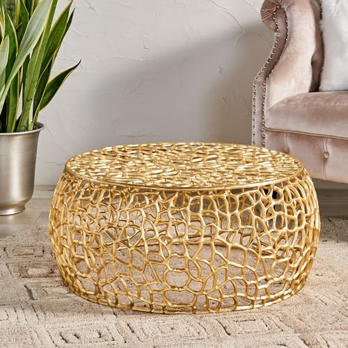 Aluminum Round Coffee Table, Mesh Round Cocktail Table Accent Center Table for Living Room, Gold