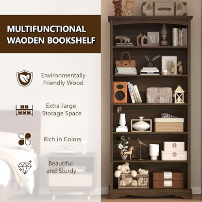 6-Tier Wooden Bookshelf, 76 Inch Tall Bookshelf with Storage, view 5
