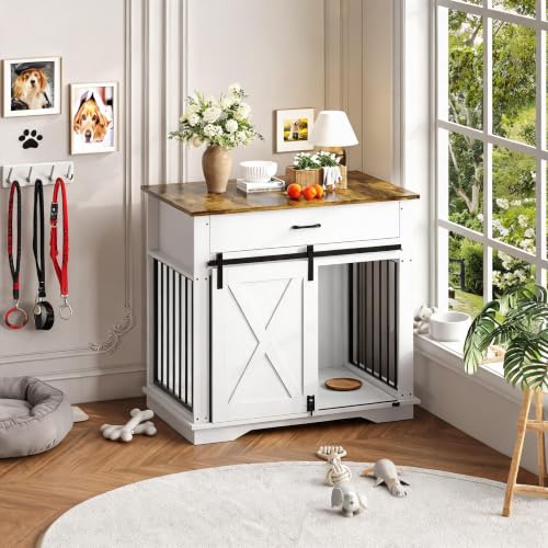38" Farmhouse White Dog Crate Furniture with Sliding Barn Door & Dual Storage, view 3