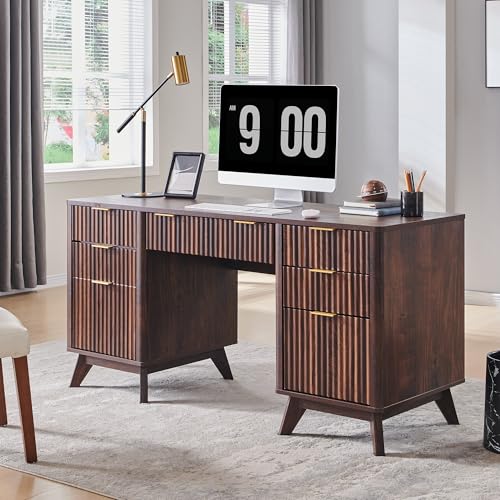 60" Modern Fluted Executive Desk with Drawers, Dark Walnut, view 2