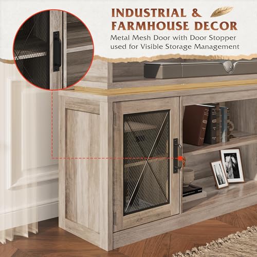 Farmhouse TV Stand for TVs Up to 65" with LED & Top Shelf, Gray Oak, view 7