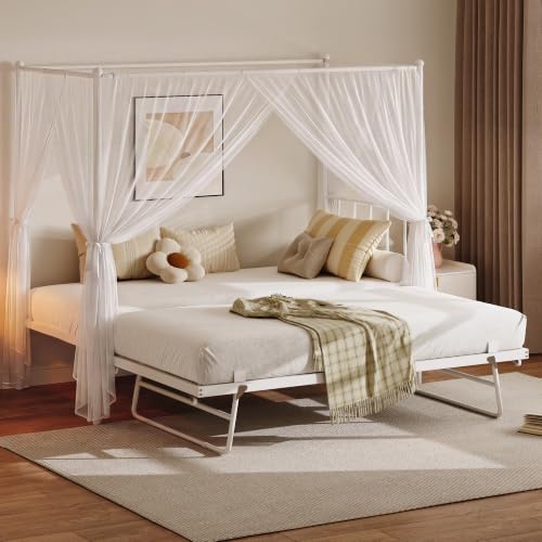 Twin Daybed with Trundle, Canopy Bed with Pop Up Trundle, White, view 4