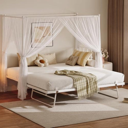 Twin Daybed with Trundle, Canopy Bed with Pop Up Trundle, White, view 4