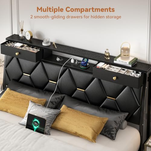 Queen Bed Frame with Storage Headboard and Drawers, PU Leather, view 4