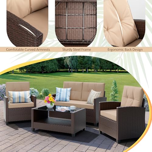 4 Piece Patio Furniture Set, Outdoor Rattan Conversation Set with Coffee Table, Outside Wicker Sectional Sofa Couch with Cushion, Brown and Khaki