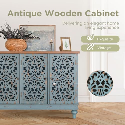 Accent Wood Storage Cabinet with 3 Doors, Large Farmhouse Buffet Sideboard Carved Decorative Storage Cabinet for Living Room Entryway Hallway, 13" Dx41.7 Wx31.5 H, Blue