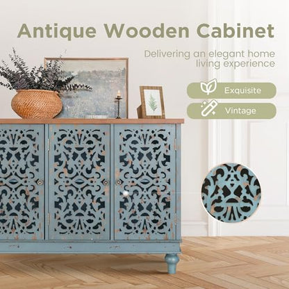 Accent Wood Storage Cabinet with 3 Doors, Large Farmhouse Buffet Sideboard Carved Decorative Storage Cabinet for Living Room Entryway Hallway, 13" Dx41.7 Wx31.5 H, Blue