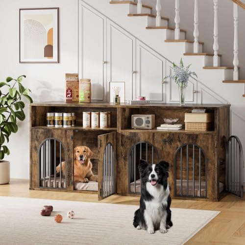 78.7" Double Dog Crate Furniture, Dog Kennel with Storage, Brown, view 4