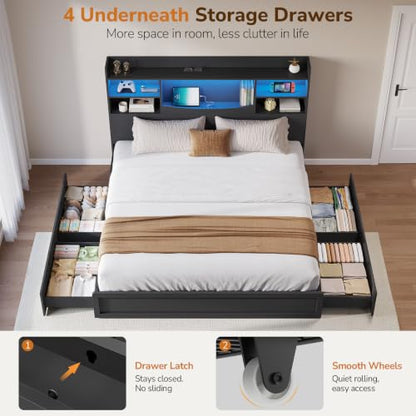 King Size Bed Frame with 4 Storage Drawers & 51" Bookcase Headboard, view 6