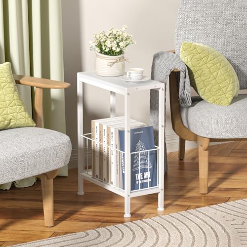 Narrow Side Table, Skinny End Tables with Magazine Holder, Small Sofa Table for Small Spaces, Space-Saving Design, Slim Nightstand Bedside Table for Living Room, Bedroom, Office, White