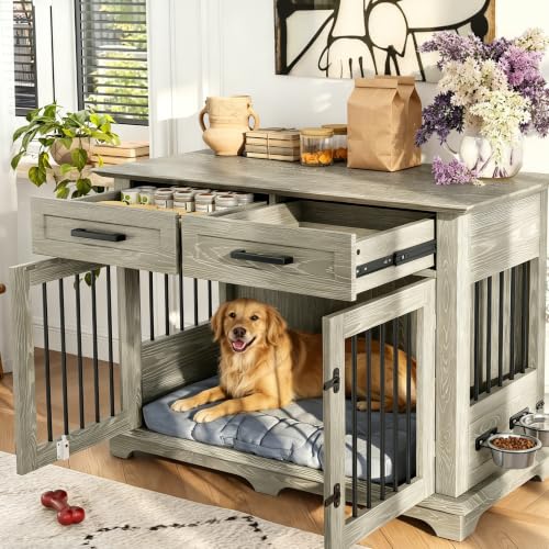 Wooden Dog Crate with Storage Drawers, 44" Medium Large Dog Kennel Furniture, view 2