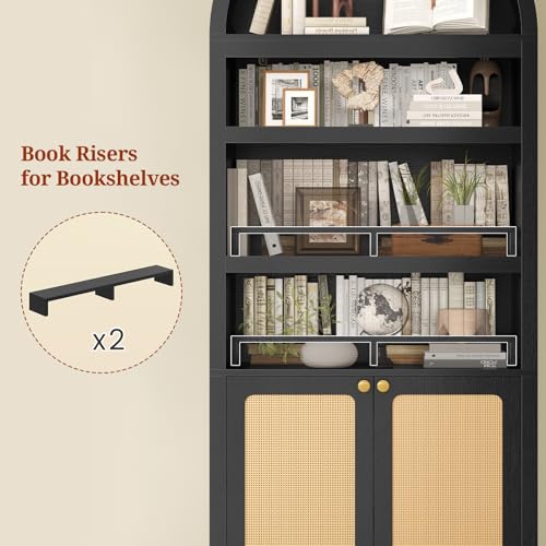 81" Tall Arched Cabinets,Bookcase with storage,Mid-Century Modern 6-Tier Bookshelf with Door,2 Book Risers and Adjustable Shelves offering more storage space for Living Room,Home Office,Black+Oak