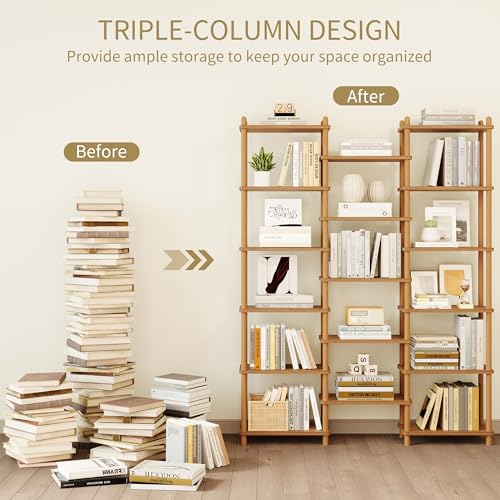 IOTXY Wooden Triple Wide Bookshelf - 6-Tier Large Shelf Bookcase with Solid Beech Frame, Tall Freestanding Open Etagere Display Rack for Home Office, Oak