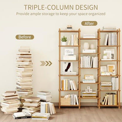 IOTXY Wooden Triple Wide Bookshelf - 6-Tier Large Shelf Bookcase with Solid Beech Frame, Tall Freestanding Open Etagere Display Rack for Home Office, Oak