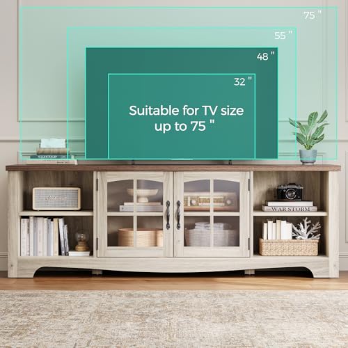 TV Stand for 75 Inch TV, Modern Farmhouse Entertainment Center with Storage Cabinets and Glass Doors, Tall Media Console Table for Living Room, Bedroom, Large Long Television Stand, Beige