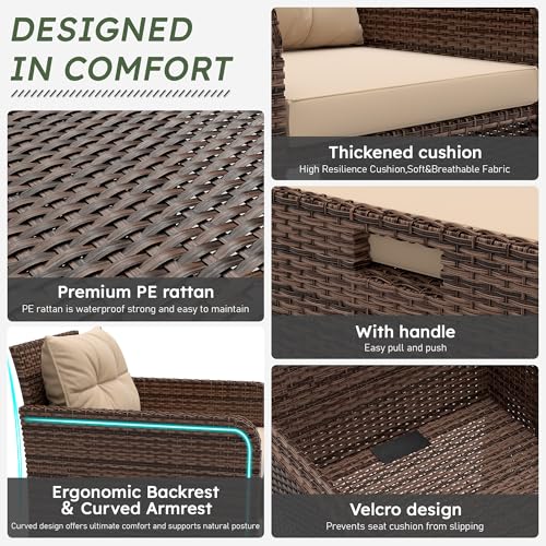 Balcony Furniture Set 5 Piece Patio Conversation Set, PE Wicker Outside Furniture with Soft Cushions & Coffee Table, Outdoor Lounge Chairs with Ottoman for Porch, Lawn, Balcony, Coffee-Beige