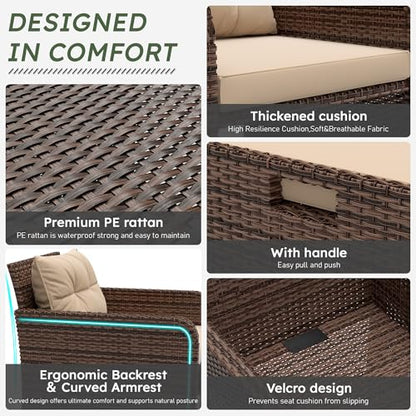 Balcony Furniture Set 5 Piece Patio Conversation Set, PE Wicker Outside Furniture with Soft Cushions & Coffee Table, Outdoor Lounge Chairs with Ottoman for Porch, Lawn, Balcony, Coffee-Beige
