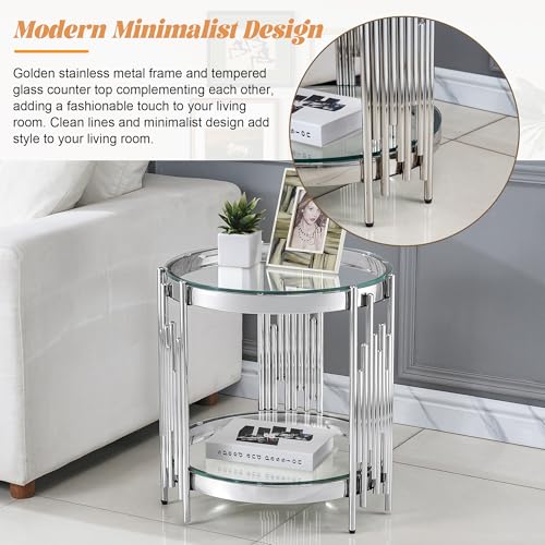 20" Round Glass End Table, 2-Tier Silver Side Table with Stainless Steel Legs and Clear Tempered Glass, Modern Luxury End Table for Living Room Home Office