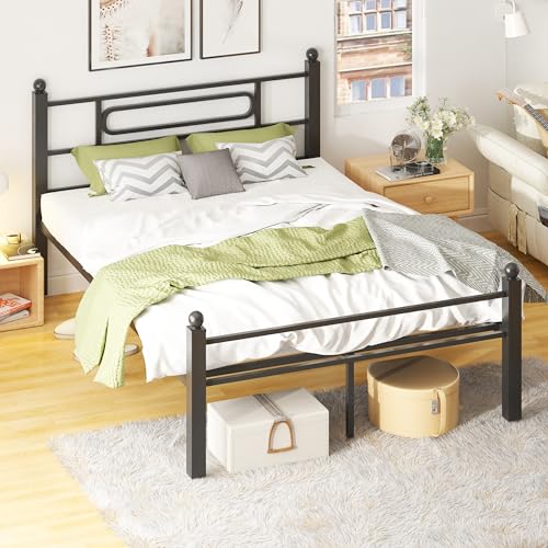 Black Metal Full Size Bed Frames with Headboard, Heavy-Duty Metal Slats Support, view 4