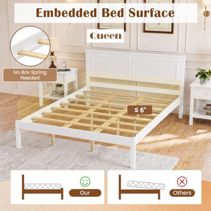Queen Size Bed Frame, Farmhouse Wooden Platform Bed with Headboard, view 8