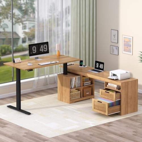 66 inch Fluted L Shaped Standing Desk with Storage for Home Office, view 4