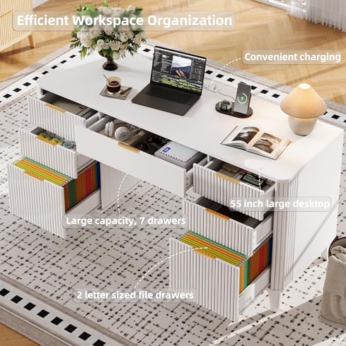 White Desk with Drawers, 55" Fluted Executive Desk with Storage Cabinet, Wood Home Office Desk with File Cabinet, Modern Computer Writing Desk for Study, Living Room, Bedroom