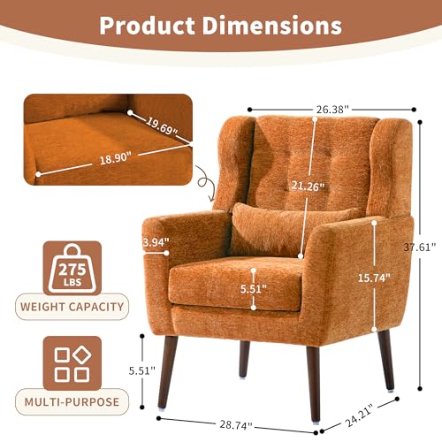 Modern Accent Chair, Upholstered Arm Chair with Waist Pillow, Single Sofa Chair for Living Room Bedroom Small Spaces (Orange)