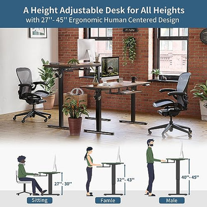 48 x 24 Inches Large Height Adjustable Electric Standing Desk with Keyboard Tray, Ergonomic Workstation for Home Office, Black Frame Rustic Brown Top
