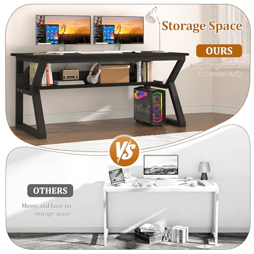 47 inch Computer Desk with Storage Shelf, K-Shaped Office Desk with Sturdy Metal Frame, Writing Gaming Work Desk with Waterproof Surface for Home Office & Bedroom, Black