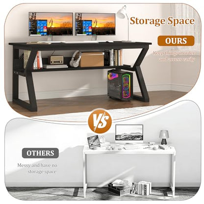 47 inch Computer Desk with Storage Shelf, K-Shaped Office Desk with Sturdy Metal Frame, Writing Gaming Work Desk with Waterproof Surface for Home Office & Bedroom, Black
