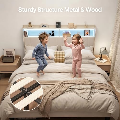 Queen Size Bed Frame with Headboard & Charging Station, view 6