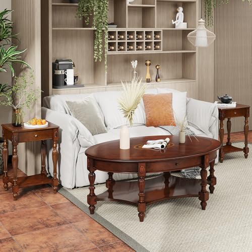 Solid Wood Side Table with Drawer, Victorian Style Vintage Nightstand, Antique Cherry Wood End Tables Living Room Bedroom, 19.7x15.7x27.6 inch, No-Tools Assembly, Cherry Walnut GBJ-1533-WD