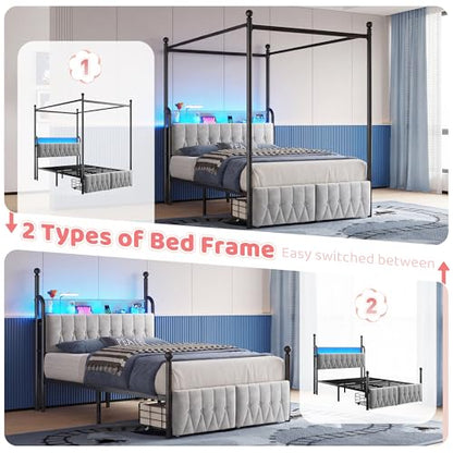 Full Canopy Bed Frame with Drawers and LED Lights & Charging,Grey, view 4